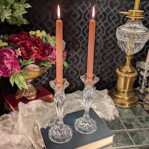 Pair of Vintage 9&quot;H Calliope Clear Lead Crystal Taper Candlestick Holders France