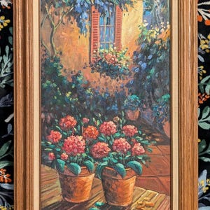Vintage ondertekend olieverfschilderij impressionistische binnenplaats bloemen scène Marion Bryce Oak ingelijste originele kunst mediterrane bloempotten muur decor
