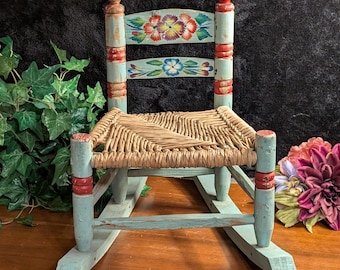 Vintage Mexican Folk Art Child Rocking Chair Hand Painted Teal Floral Rustic Wood Woven Seat Boho Nursery Decor Collectible Piece