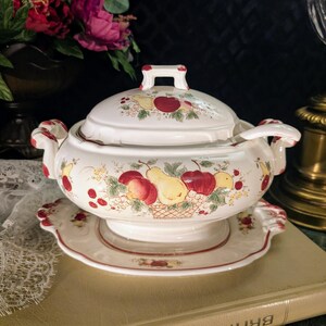 Vintage japanische Keramik Obstkorb Terrine mit Deckel, Kelle & Unterplatte Servierplatte