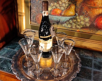 Halverwege de eeuw Crystal Claret Goblets Set van 6 platinazilveren rand handgeblazen dessertwijnglazen Vintage MCM-bargerei elegant tafeldecor Luxe