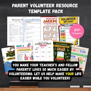 Op de afbeelding: Een verzameling printbare sjablonen voor schoolvrijwilligers, waaronder een informatieblad, evenementenkalender, flyer voor schoolbenodigdheden en formulieren voor lerarenwaardering, voorzien van kleurrijke afbeeldingen en teksten.