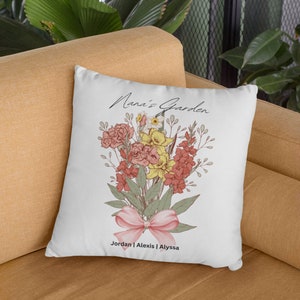 Gepersonaliseerde kussencadeau | Geboortemaand bloemboeket kussen | Nana&#39;s tuin | Moederdagcadeau, verjaardagscadeau, grootouderscadeau