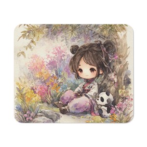 May include: A watercolour illustration of a seated anime-style character with dark hair and a white and pink outfit, resting against a tree. A small panda plushie sits beside them, surrounded by colourful flowers.