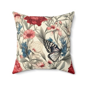 Vintage Cottagecore Boho Floral with Butterflies Square Pillow | Gift for Her and Him, Decorative Pillow