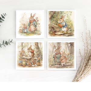May include: Set of four watercolor illustrations featuring bunnies in a woodland setting. The illustrations depict bunnies reading, walking, and gathering around a table.