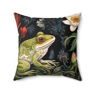 Cottagecore Boho Square Pillow, Frog in a Forest Pillow, Frog Pillow, Cottagecore, Floral Pillow, Frog Floral Botanical Design