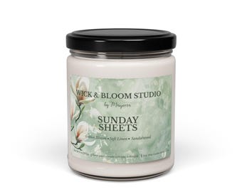 Sunday Sheets Soy Candle, Cotton Blossom Linen Sandalwood, Hand-Poured Relaxation (9 oz)