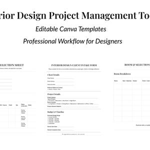 Może przedstawiać: Biała grafika z tekstem "Interior Design Project Management Toolkit" i "Editable Canva Templates". Poniżej formularze z informacjami o projekcie, danymi klienta i selekcją pomieszczeń. Dla profesjonalistów z branży designu wnętrz.