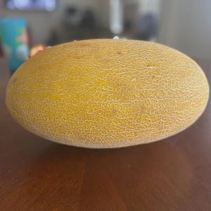 May include: A ripe, oval-shaped cantaloupe melon with a textured, yellow-tan rind. The melon sits on a dark brown wooden surface. The cantaloupe is a fresh, natural food item.