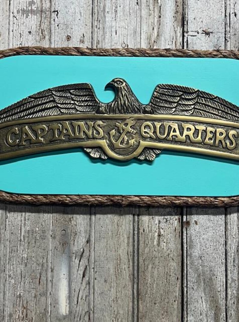 Quarter Sign Lettering CAPTAINS QUARTERS Eagle Nautical Sign on Wood Plaque | 21x9