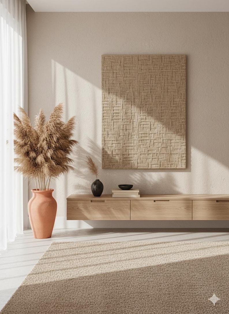 May include: A neutral-toned living room with a large, textured wall art piece. A wooden floating cabinet sits below the art, and a terracotta vase with dried pampas grass is on the left. A beige rug covers the floor.