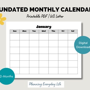 Undated Monthly Calendar Printable Calendar Pages 12 Month Calendar Blank Monthly Calendar PDF Undated Calendar Printable Planner Horizontal