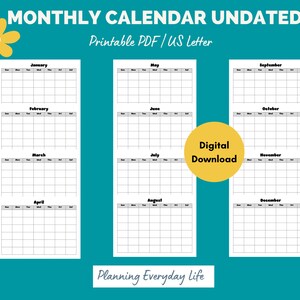 Monthly Calendar Printable, Undated Calendar 12 Months, Calendar Printable, Blank Monthly Calendar, Calendar Planner, horizontal calendar