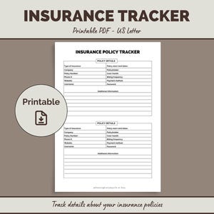 Könnte beinhalten: Ein druckbarer Versicherungs-Tracker im US-Letter-Format mit der Aufschrift "INSURANCE TRACKER". Das Dokument enthält Abschnitte für Policendetails und zusätzliche Informationen. Eine kreisförmige Grafik mit dem Wort "Printable" und einem Download-Symbol befindet sich links.