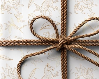 Dragon Wrapping Paper, Fantasy Christmas Gift Paper, Gamer and Mythology Wrapping Paper, Birthday Party and Anniversary, Mythical Gold