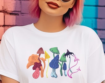 Subtiles Pride Tshirt mit Regenbogen Pilzen, Dezentes LGBTQIA Cottagecore Shirt, Bi Lesben und Genderflüssigkeit Top, Unisex T-Shirt