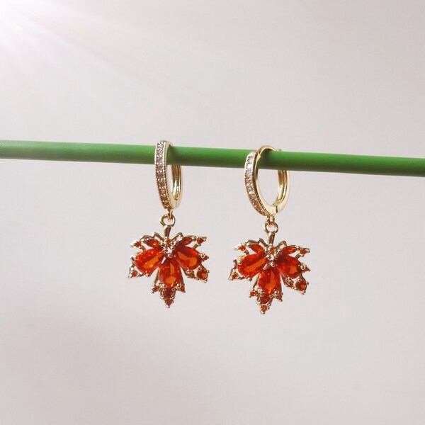 Maple Leaf Earrings, Leaf Drop Earrings, Red Gemstone Earrings, Maple Leaf Hoop Earrings, Leaf Dangle Earrings, Dainty Autumn Earrings Gift