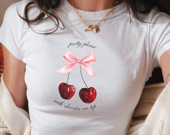Coquette Baby Tee, Y2k Shirt, 90s Baby Tee, Baby Tee Women, Coquette Top, Graphic T-shirt, Cherry Shirt, Bow shirt, Coquette Bows, Pink Bow