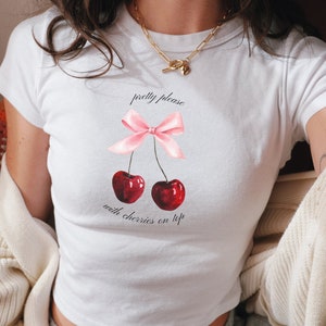 Coquette Baby Tee, Y2k Shirt, 90s Baby Tee, Baby Tee Women, Coquette Top, Graphic T-shirt, Cherry Shirt, Bow shirt, Coquette Bows, Pink Bow