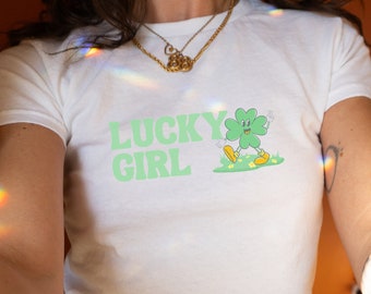 Lucky Girl Baby Tee, St Patricks Day Tshirt, Lucky Girl Syndrome, Irish Baby Tee, 90s Tshirt, St Paddys Day, Y2k Top, Lucky you, Shamrock