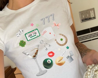 St Patricks Day Baby Tee, Y2k Graphic Baby Tee, Girlhood Collage, Coquette shirt, Lucky Shirt, 90s Baby Tee, Lucky Girl Syndrome, Womens Tee