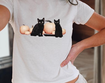 Halloween Baby Tee, Spooky Cat Baby Tee, Retro Halloween, Y2k Baby Tee, GrungeTee, Black Cat Shirt, Gift for cat lovers, Vintage Graphic tee