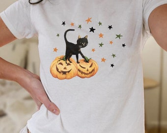 Halloween Baby Tee, 80s vintage halloween shirt, Black Cat baby tee, gift for cat lovers, 90s Baby Tee, Fall Pumpkin Tshirt, Retro Halloween