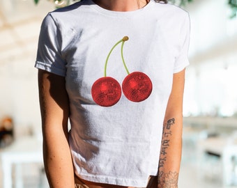 Disco Cherry Baby Tee, Graphic Baby Tee, Y2k Baby tee Women, Vintage Graphic Tee, Coquette Baby Tee, Disco Ball Shirt, Mirror ball tshirt