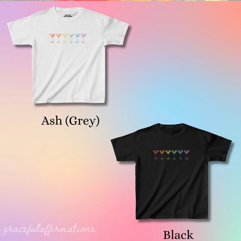 Ash or Grey and black version of the baby tee. Both feature the same design of rainbow martini glasses