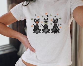 Halloween Baby Tee, Retro Halloween Shirt, Black Cat Baby Tee, Gift for cat lovers, Cat Mom, Vintage Halloween Top, Fall Fashion