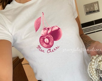 Cherry Baby Tee, Mon cherri top, Coquette Baby Tee, Y2k Graphic Baby Tee, 90s Baby Tee, Cherry Shirt, Cool Girl Top, Trending Fruit Shirt