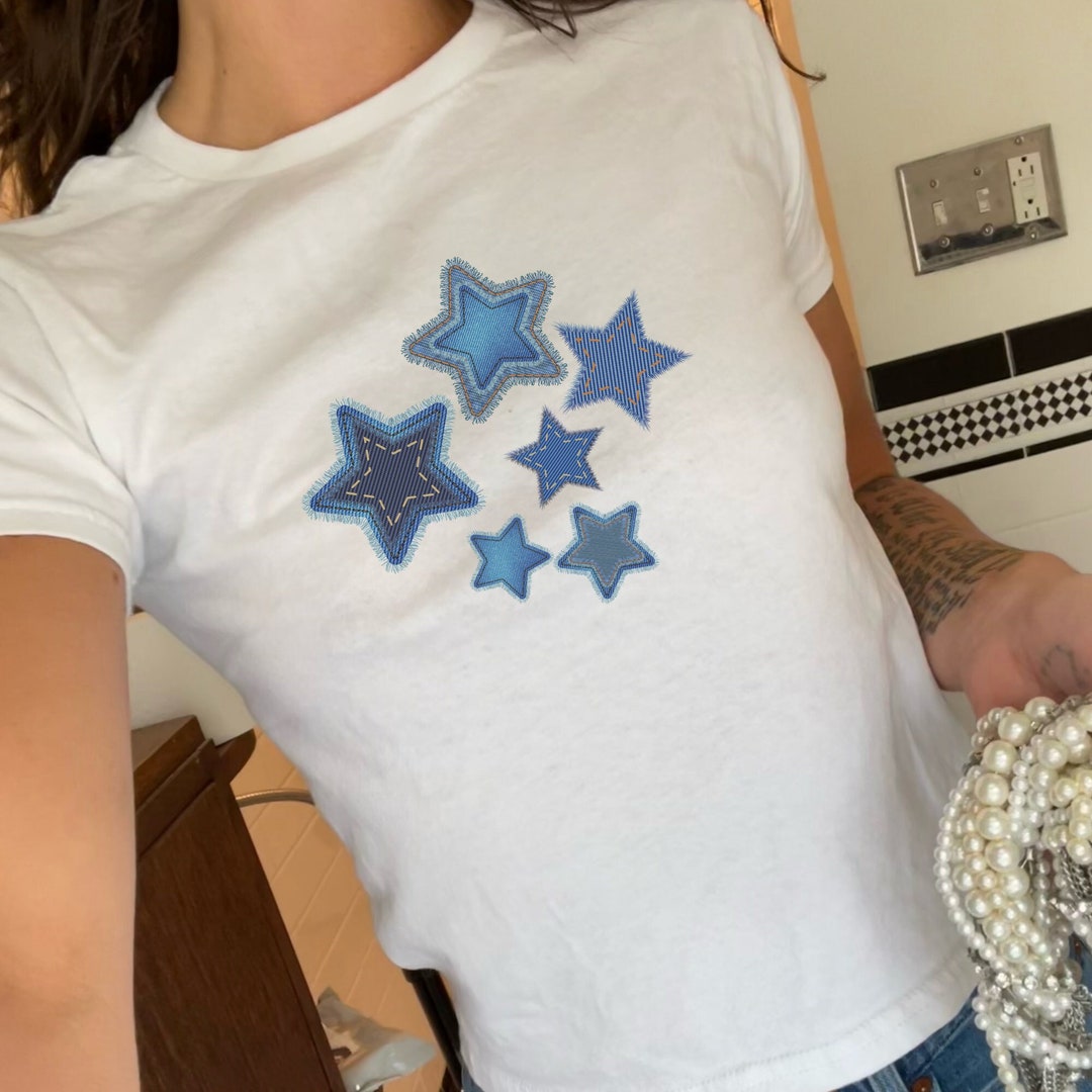 ★WAIKEI★ YK Star Applique Short Sleeve T-shirt Navy YKBE02 Retro Y2K Black Star T-shirt | Grunge Streetwear | Cute
