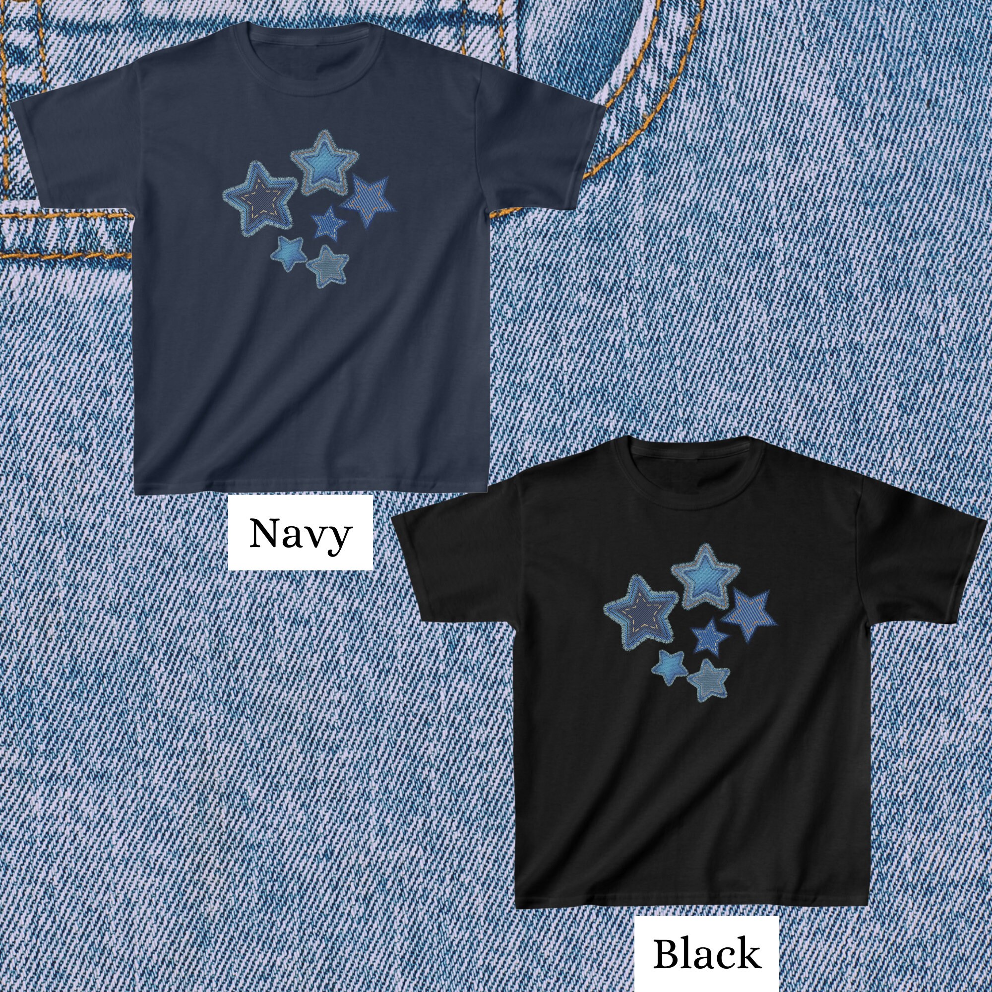 Y2K Baby Tee, Denim Star Patchwork Tee, Denim Crop Top