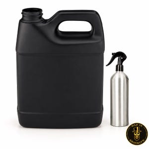 May include: A large matte black plastic jug with a handle and an open threaded top, positioned next to a smaller silver metal spray bottle with a black trigger nozzle. A circular logo featuring a skull with a top hat reads MAD IN BROOKLYN.