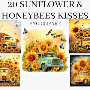 Zonnebloem en bijen clipart-digitale download, hoge kwaliteit PNG-afbeeldingen voor sublimatie, zonnebloem vrachtwagen, Honey Bee Kisses, Floral clip art