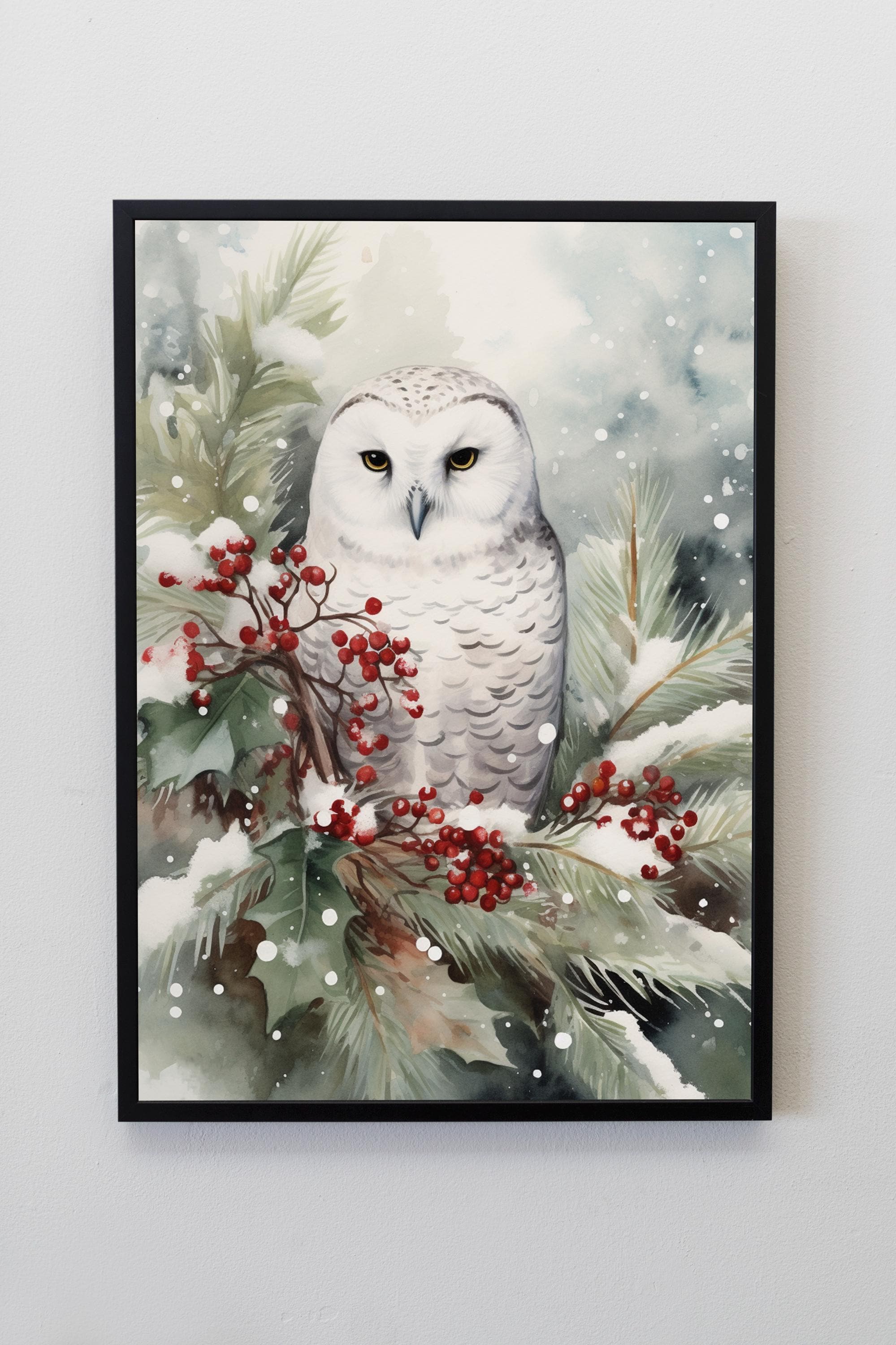 Snowy Owl Christmas Print, Winter Berries, Nature Wall Art (Digital Print)