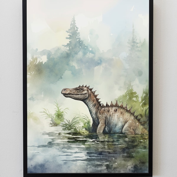 Dinosaurusafdrukken, digitale prints, afdrukbare muurkunst, natuurprint, natuurlijke muurkunst, Spinosaurus illustratie, prehistorische muurkunst