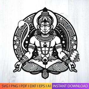 Pode incluir: Ilustração a preto e branco de uma divindade sentada em pose meditativa, rodeada por um design circular ornamentado. A figura tem os olhos fechados, joias e uma cauda. A imagem inclui o texto "SVG | PNG | PDF | DXF | EPS | AI INSTANT DOWNLOAD."
