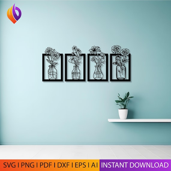 4 Pieces Flower Wall Decor | Plant Design SVG PNG DXF | Minimalist Vase Laser Cut Wall Art | Black Tulip dxf, Laser Cut, Cricut, Glowforge