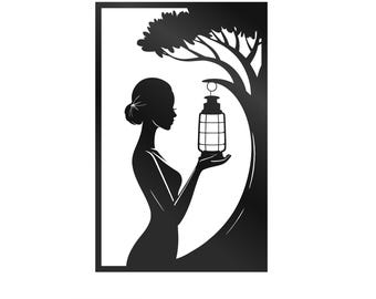 Woman Lantern Tree Silhouette Wall Art DXF | Minimalist Laser Cut File (Digital Download)