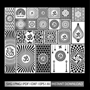 Pode incluir: Uma coleção de designs vetoriais digitais em preto e branco com vários símbolos Om, motivos de Ganesha e padrões geométricos. A imagem inclui o texto na parte inferior: SVG | PNG | PDF | DXF | EPS | AI | INSTANT DOWNLOAD.