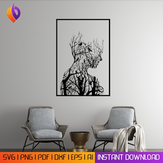 Woman tree branch double exposure Wall Art dxf, svg, eps,ai and pdf files for laser cutting. plasma art dxf, aser , Glowforge files CNC dxf