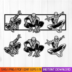 May include: A digital graphic set featuring six black and white illustrations of a masked superhero in a web-patterned suit. The top row is enclosed in a rectangular frame, while the bottom row consists of three individual figures in various poses.
