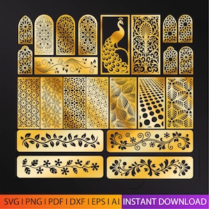 Może przedstawiać: Kolekcja złotych paneli i obramowań dekoracyjnych ze skomplikowanymi wycinanymi wzorami. Wzory obejmują wzory kwiatowe, kształty geometryczne i sylwetkę pawia. Na dole obrazu znajduje się tekst "SVG | PNG | PDF | DXF | EPS | AI | INSTANT DOWNLOAD".
