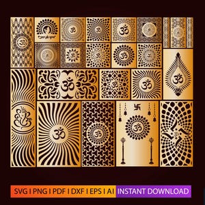 May include: A selection of gold and black laser-cut panels with detailed designs, including the Om symbol and floral patterns. The panels showcase geometric and abstract motifs. The text "INSTANT DOWNLOAD" is visible at the bottom.
