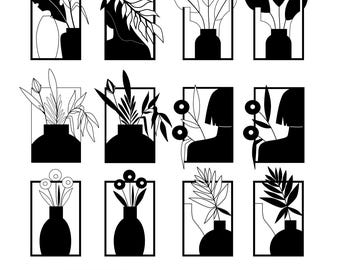 Botanical Wall Art SVG Bundle, Abstract Plant Vase Cut Files (Digital Download)
