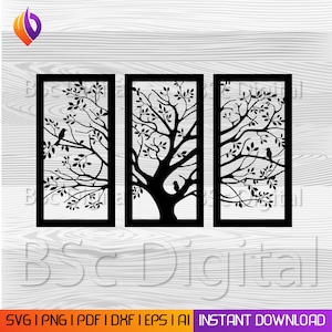 May include: Three black silhouette panels with a tree and birds design. The panels are rectangular and have a simple, modern style.