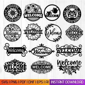 Può includere: Una collezione di cartelli di benvenuto neri in vari design. Alcuni cartelli sono circolari con motivi floreali o animali, mentre altri sono rettangolari o ovali con bordi decorativi. I cartelli presentano la parola "Welcome" in diversi caratteri.