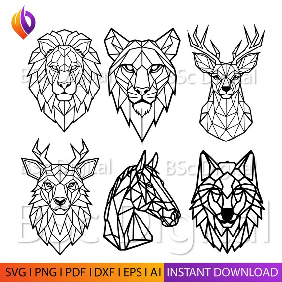 Polygon Animals Head Wall Art svg, Deer dxf, Eps, AI , plasma cut file, wall art dxf, Animal Glowforge files, lion Metalic Animals CNC dxf